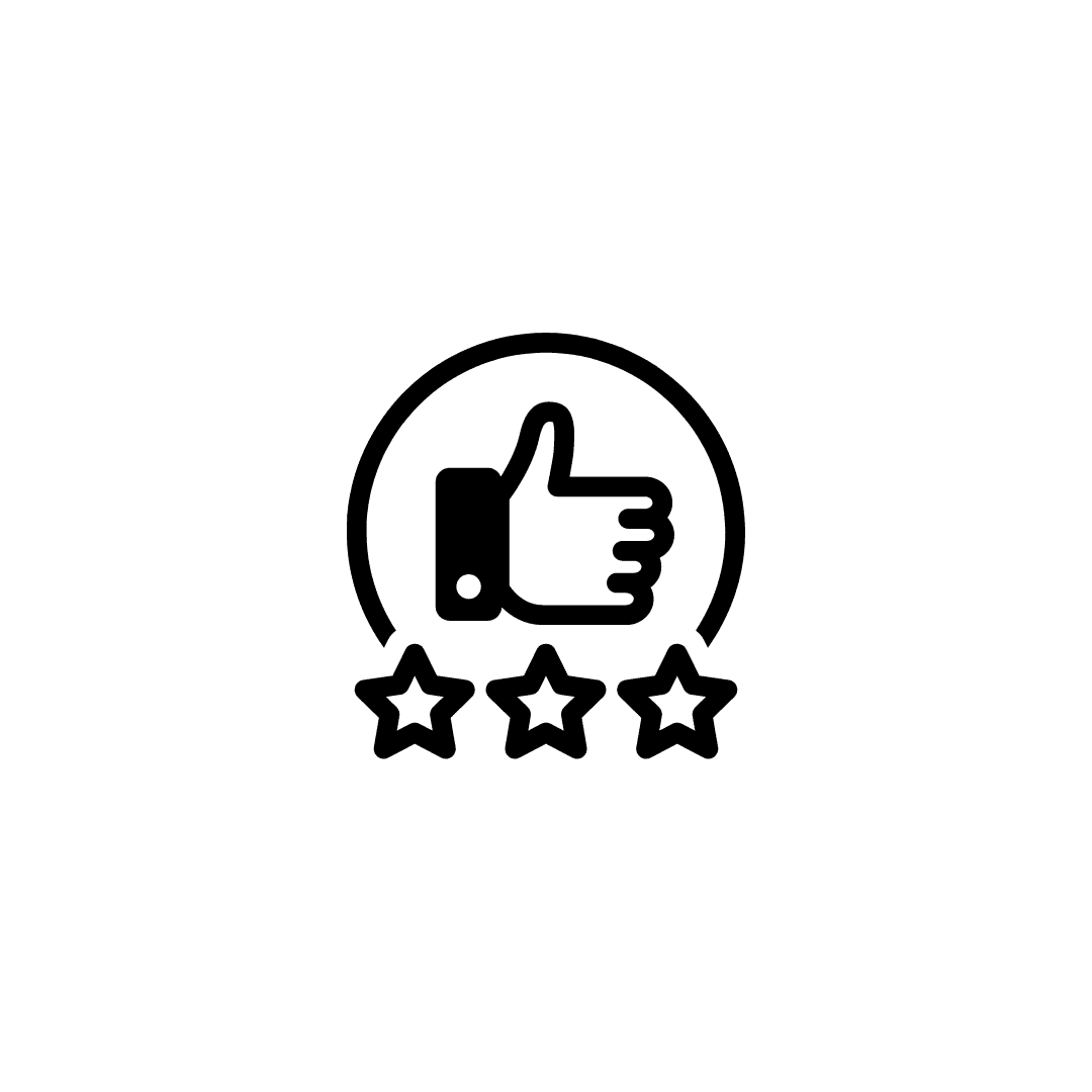 Thumbs up icon inside a circle above four stars, indicating approval or high rating.